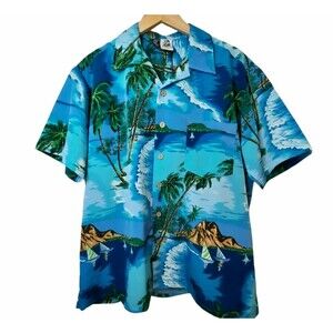 Kennington Blue Hawaiian Shirt XL Button Island Aloha Palm Tree Ocean